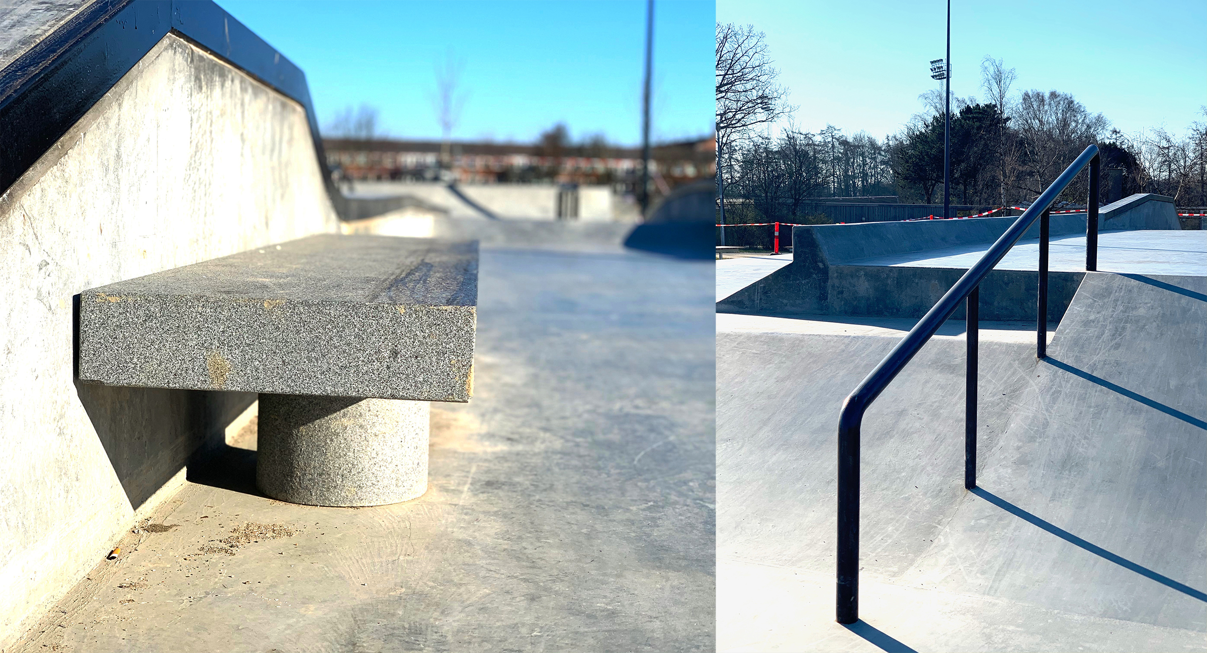 Her ses en granitcurb og et rail i Tårnby Skatepark